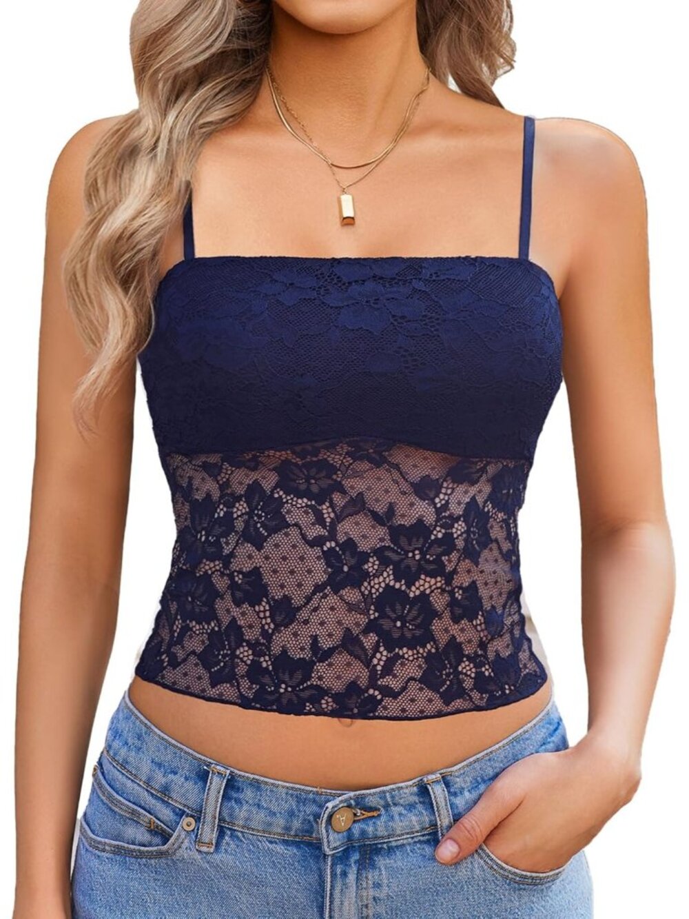 Women Navy Blue Floral Mesh Lace Crop Camisole Lined Bust Sheer Summer Tank Top